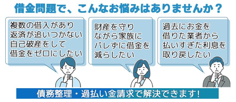 借金問題で、こんなお悩みはありませんか？複数の借入があり返済が追いつかない自己破産をして借金をゼロにしたい財産を守りながら家族にバレずに借金を
減らしたい過去にお金を借りた業者から払いすぎた利息を取り戻したい債務整理・過払い金請求で解決できます!